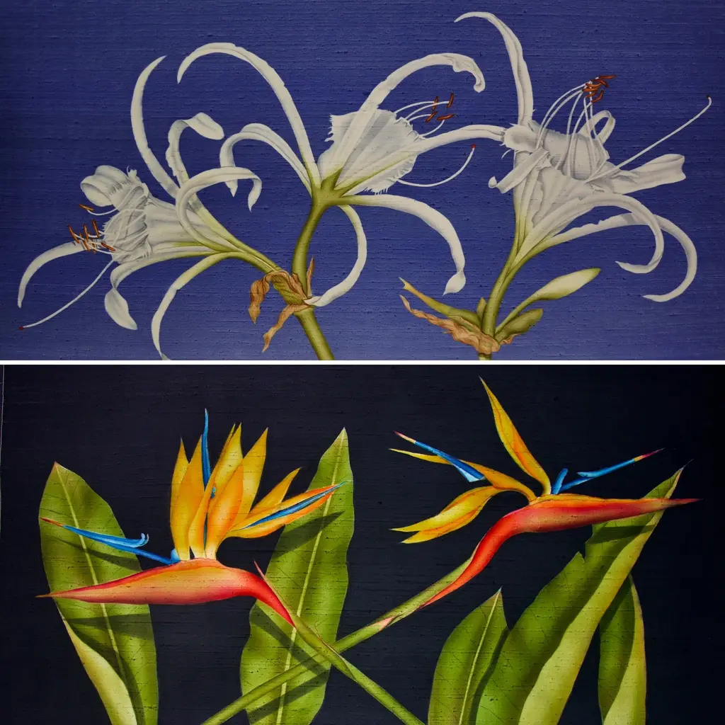 Two paintings on silk, by Deborah Falls